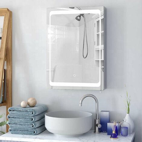 Homfa Illuminated LED Bathroom Mirror Cabinet Stainless Steel Wall Storage Cabinet Single Door with 2 Shelves Touch Sensor 50x13x72cm