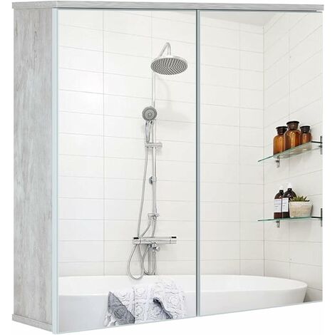 Homfa Mirror Cabinet Wall Mounted, Bathroom Cabinet with Mirror Grey Cupboard with 2 Doors, Adjustable Shelves Wood 76x20x74cm