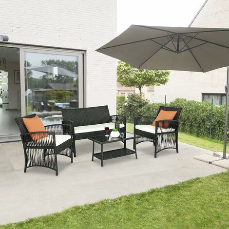 Homfa Rattan Garden Furniture Set 4 Piece Pe Patio Sets Weaving Wicker Sofa With Cushion Glass Table For Lawn Poolside Outdoor - Black Rattan Patio Set With Parasol Rack