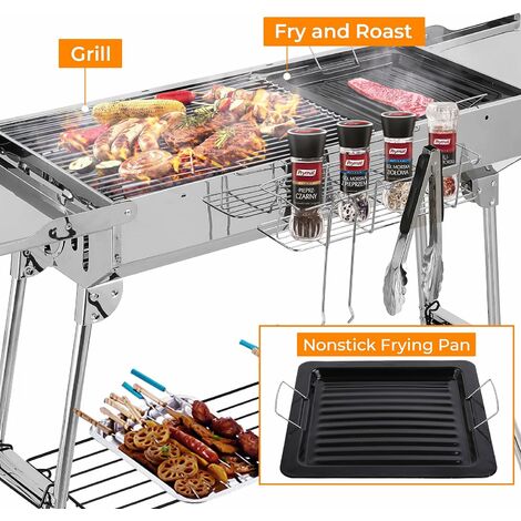 Portable Camping Grill, BBQ Grill with Double Folding Wings,Charcoal Grill Stainless Steel, Non-stick Pan, Adjustable Ventilation Openings, for Camping Garden Backyard Picnic(122 * 30 * 75cm) Homfa