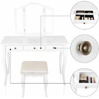Homfa White Dressing Table Makeup Vanity Table Set, Removable Tri-Folding Mirror and 8 Jewelry Necklace Hooks with 7 Drawers and 6 Makeup Organizers with Cushioned Stool, 108 x 45 x 134 cm