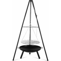 Homfa Fire Pit Fireplace Bowl with Height-Adjustable Swivel Hanging Grill, Metal Fire Brazier φ54.5cm, Tripod 152cm and Adjustable Chain, Fire Bowl for 8-9 People, for Garden, Party, Back Yard, Camping