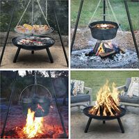 Homfa Fire Pit Fireplace Bowl with Height-Adjustable Swivel Hanging Grill, Metal Fire Brazier φ54.5cm, Tripod 152cm and Adjustable Chain, Fire Bowl for 8-9 People, for Garden, Party, Back Yard, Camping
