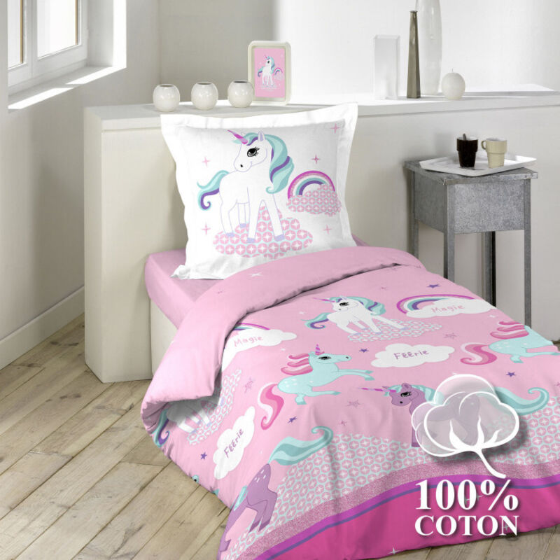 Parure De Lit Enfant Licorne 100x135 Cm + 40x60 Cm - 100% Coton Avec Fermeture Éclair