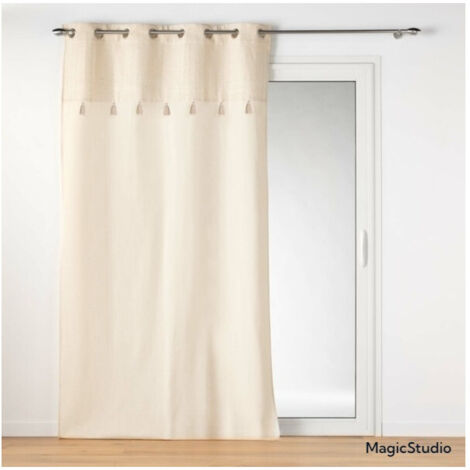 Douceur D'Intérieur – Rideau à œillets 140 x 240 cm en poly-coton – Haut métallisé avec pompons – Lavable à 30° – Pour décoration intérieure tendance