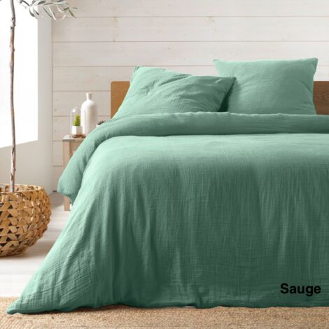 Parure de lit 260 x 240 cm –  Gaze de Coton / Coton 57 fils – Angelia Sauge + 2 taies