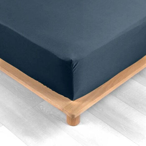 Drap-housse 2 personnes 140 x 190 cm percale de coton 78 fils Bleu – Bonnet 30 cm