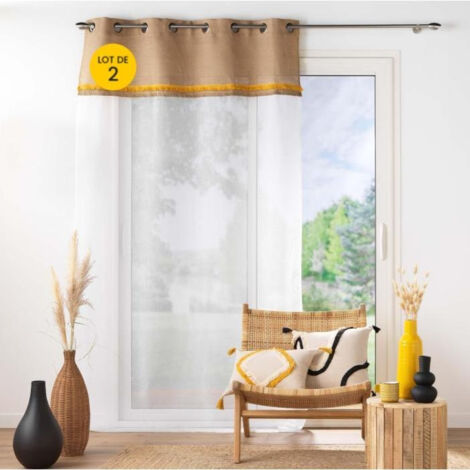 Lot de 2 Voilages a oeillets 140 x 240 cm voile sablé + jute Malory Jaune (1/5)