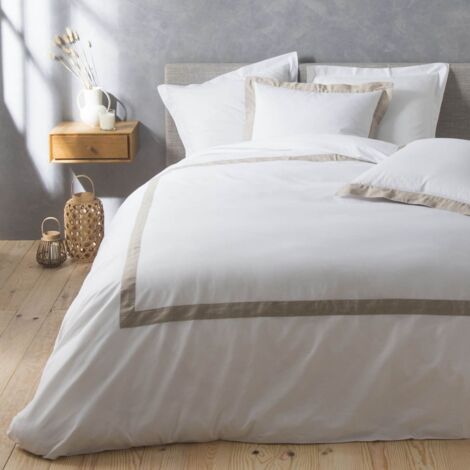 Douceur D'Intérieur – Housse de couette 240x260 cm – 100% coton 57 fils – Uni blanc avec finition lin écru – Lot de 2 taies d'oreiller 63x63 cm