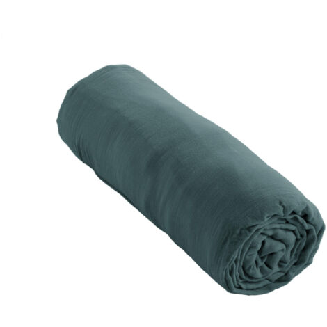 Drap Housse Double Gaze de Coton Bleu canard – 200 x 200 cm – Bonnet 30 cm