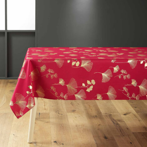 Nappe rectangle 150 x 300 cm polyester imprimé metallisé Bloomy rouge (1/5)