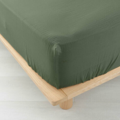 Drap housse double gaze de coton kaki 140x190cm - 140x190cm - Vert kaki (1/5)