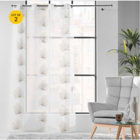 Lot de 2 Voilages a oeillets 140 x 240 cm voile sablé brodé Palmaris Beige (1/5)