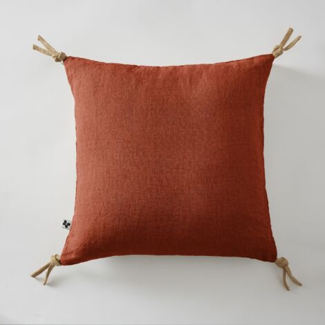 Coussin déhoussable avec pompons en lin lavé 45 x 45 cm Soline Paprika (1/2)