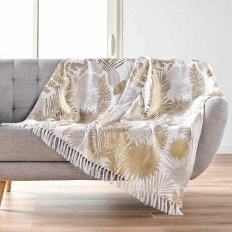 Plaid a franges 125 x 150 cm coton/polyester imprime metallisé Melisse (1/4)