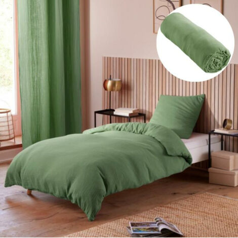 Pack Housse de couette 140 x 200 cm Gaze de coton + drap housse 90x190 Olive (1/4)