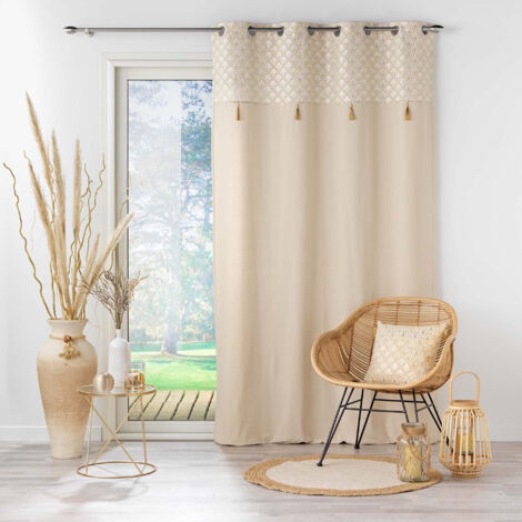 Rideau Tamisant Rafina doré - 140 x 240 cm, Coton avec Pompons