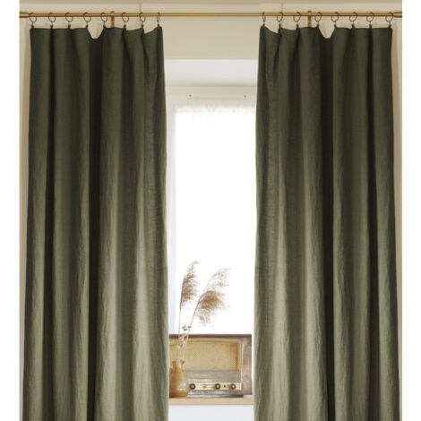 Lot de 2 rideaux ajustables en lin lavé avec 8 anneaux pince 140 x 270 cm Kaki (1/5)