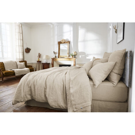 Drap Plat en Lin Lavé 270 x 300 cm – Soline Sable (1/3)