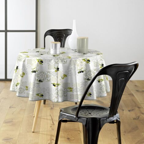 Toile cirée ronde - Diamètre 160 cm - Motifs graphiques et olives - Gris