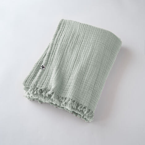 Plaid à Franges 180 x 220 cm en Gaze de Coton Unie – Gaïa Eucalyptus