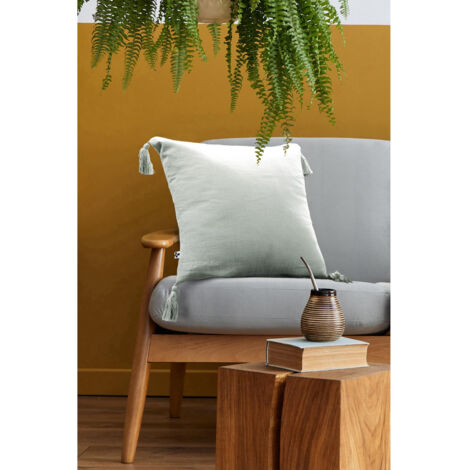 coussin déhoussable avec pompons 40 x 40 cm gaze de coton unie gaïa eucalyptus (1/4)