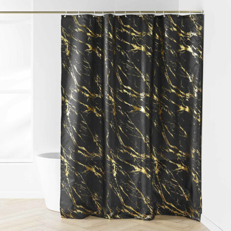 RIDEAU DE DOUCHE+CROCHETS 180 x 200 CM POLYESTER IMP. METAL. AQUAMARBRE NOIR/OR (1/3)