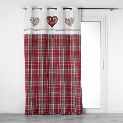 Rideau à Œillets 140 x 240 cm – Coton Tissé à Carreaux + Top Imprimé et Pompons SWEET HEART Naturel