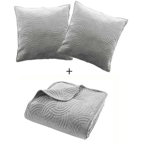Couvre-lit 240x260 cm + 2 housses de coussin 60x60 cm – Velours uni matelassé SOLANGE Gris