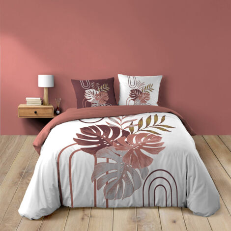 Douceur D'Intérieur – Housse de couette 240 x 220 cm + 2 taies 63 x 63 cm – 100 % coton 42 fils/cm² – Impression tropicale terracotta – Lavage 40 °C