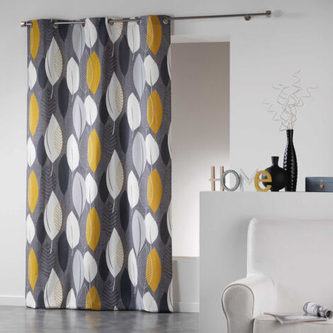 Homemaison – Rideau à œillets 140 x 240 cm – 100% coton imprimé – Motif feuillage jaune, gris et blanc – Style moderne et lumineux
