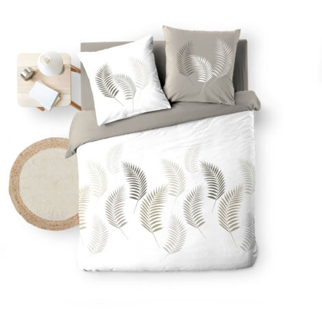 Douceur D'Intérieur – Housse de couette 200 x 200 cm + 2 taies – Coton 57 fils – Motif feuillage taupe et blanc – Fermeture à boutons pression