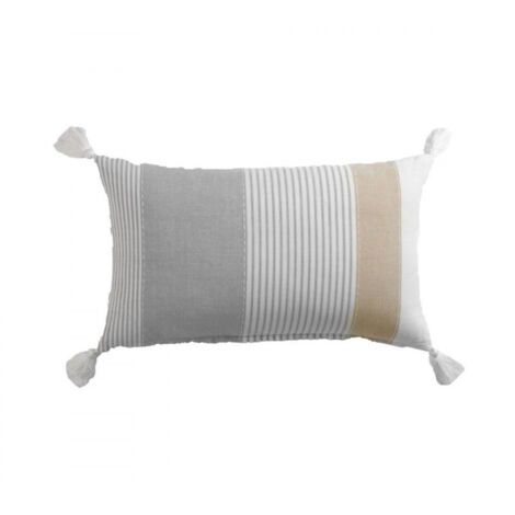 Coussin déhoussable en coton avec pompons et motif rayures Iliade - Gris et Beige - 30 x 50 cm - Livraison gratuite (1/4)