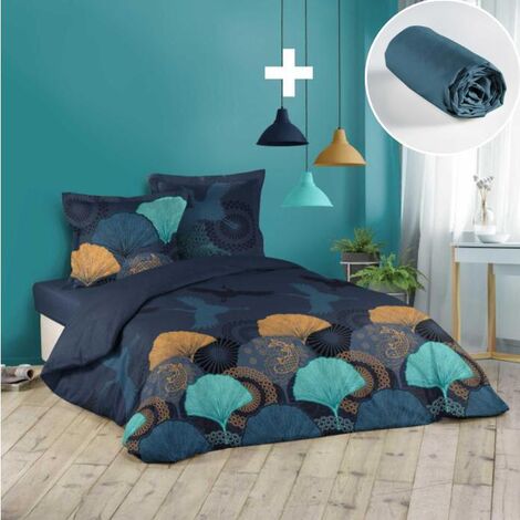 Parure de lit 1 personne nuit bleue avec housse de couette et taie  d'oreiller imprimé Les Ateliers Du Linge