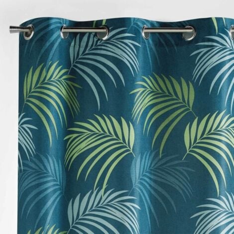 Rideau a oeillets 140 x 260 cm polyester imprime blue vegetal Bleu