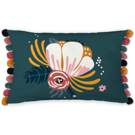Coussin déhoussable avec pompons 30 x 50 cm Champetre (1/2)