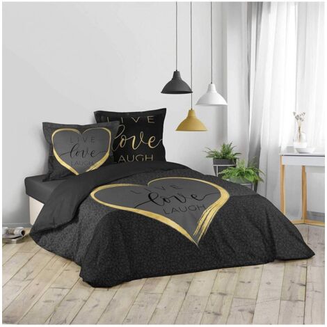 Douceur D'Intérieur – Parure de lit noire 200x200 cm en coton 100% – Tissage 42 fils/cm² – Motif cœur doré – Housse avec fermeture à boutons