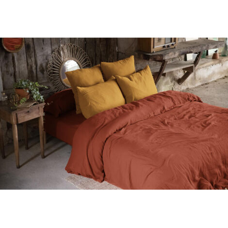 Housse de couette double gaze de coton 240x220 cm 2 taies Terracotta/Safran (1/5)