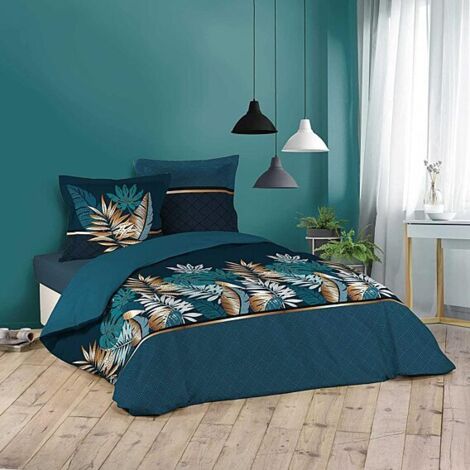Douceur D'Intérieur – Housse de couette 240 x 220 cm en coton – Imprimé tropical chic bleu – Tissage 42 fils/cm² – Certifié Oeko-Tex