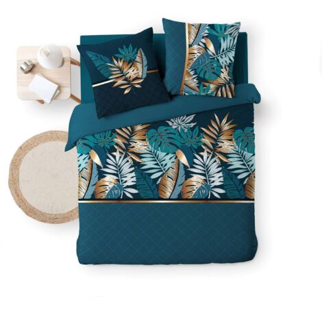 Douceur D'Intérieur – Housse de couette 260 x 240 cm en coton – Imprimé tropical chic bleu – 100% coton – Tissage 42 fils/cm² – Certifié Oeko-Tex