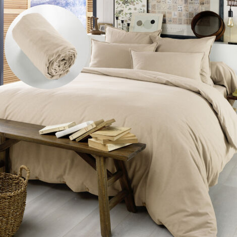 Pack Housse de couette 240x220 cm chaude en flanelle + 2 taies + drap housse 140x190 Candice Beige (1/4)