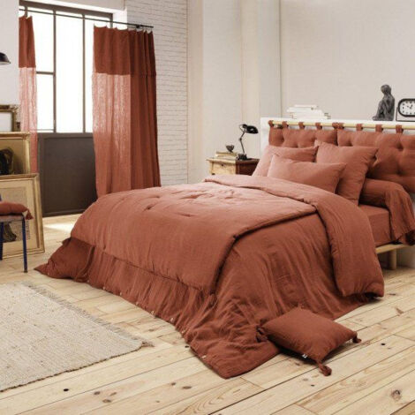 Bout de lit double gaze de coton à pompons 90 x 200 cm Gaia Terracotta