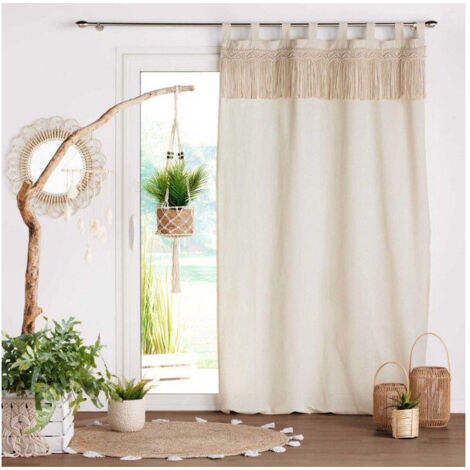 Homemaison – Rideau à passants 140 x 240 cm – Macramé avec finition à franges – Tissu polycoton fluide – Pour séparer espaces et préserver intimité
