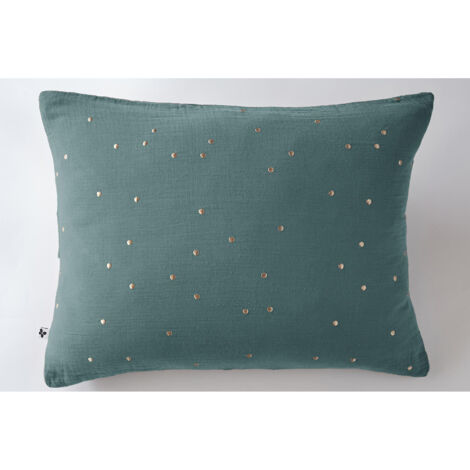 Taie d'oreiller gaze de coton brodée fil or 50 x 70 cm Gaia Chic Bleu canard (1/3)