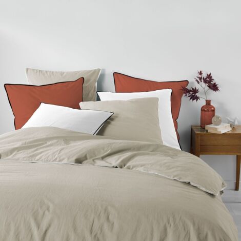 Douceur D'Intérieur – Parure de lit 240x220 cm en coton lavé beige lin – 2 taies d'oreiller 63x63 cm – Certifiée Oeko-Tex – Douceur et style moderne