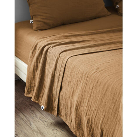 Drap plat 240 x 300 cm Double gaze de coton luxe Gaïa Camel