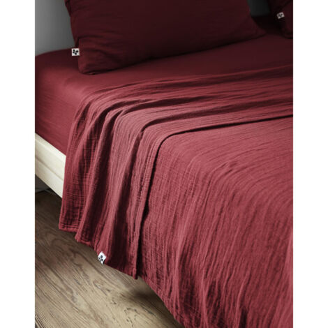 Drap plat 270 x 300 cm Double gaze de coton luxe Gaïa Lie de vin (1/2)