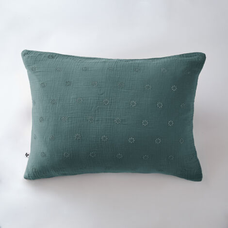 Taie d'oreiller brodée en gaze de coton 50 x 70 cm Gaïa Boho Bleu canard
