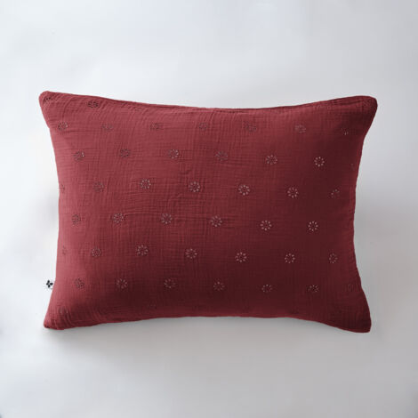 Taie d'oreiller brodée en gaze de coton 50 x 70 cm Gaïa Boho Bordeaux (1/3)