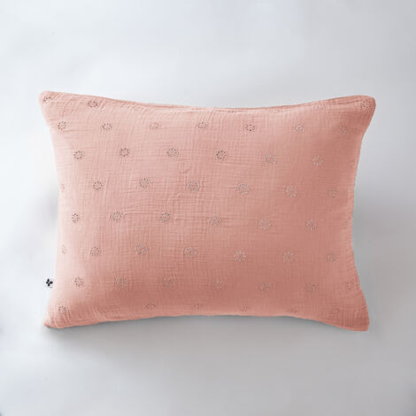 Taie d'oreiller brodée en gaze de coton 50 x 70 cm Gaïa Boho Rose pêche (1/4)
